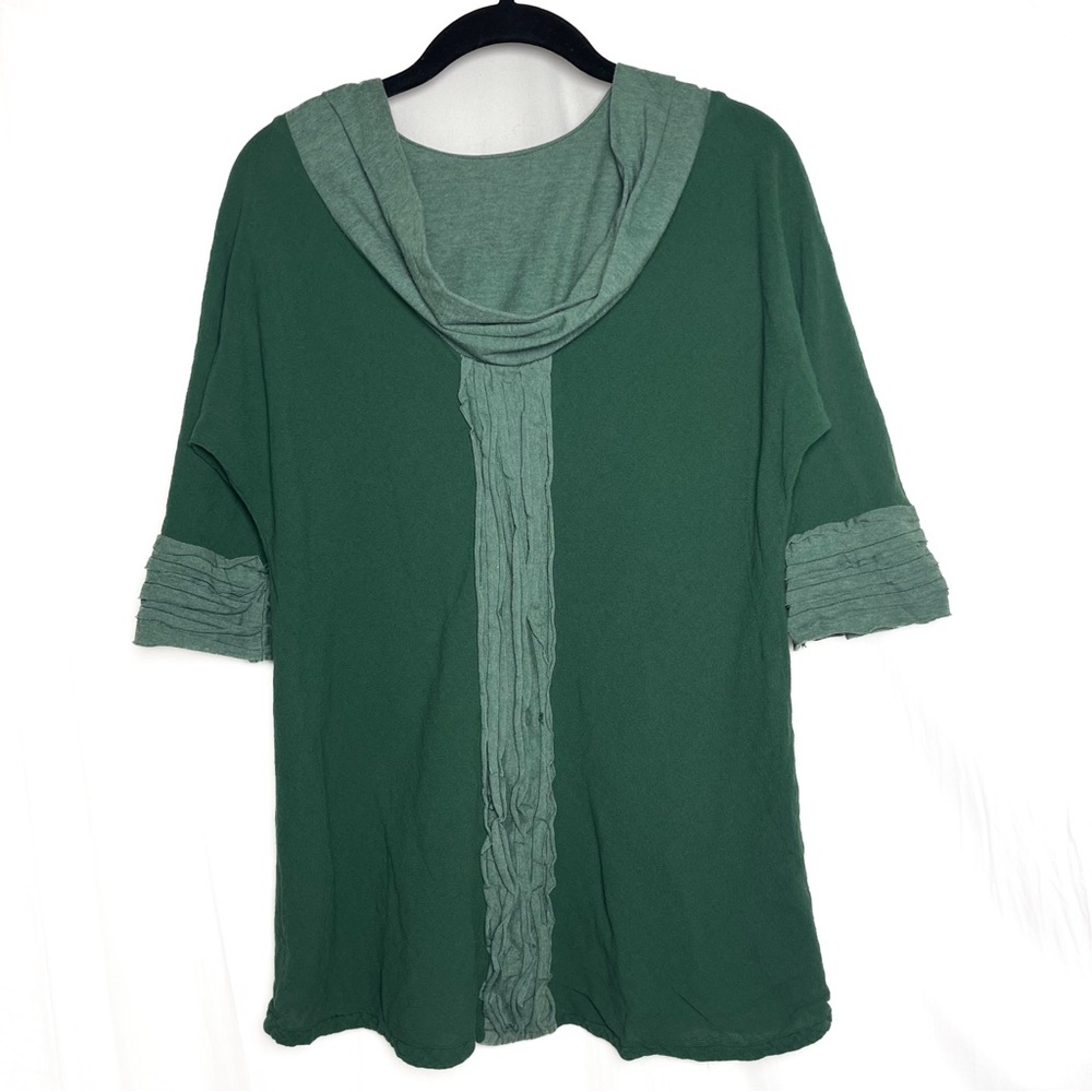 Oh my Gauze! Dark Green Ruffle Front Tunic Top Sz 1 (S/M) Half Sleeve Lagenlook